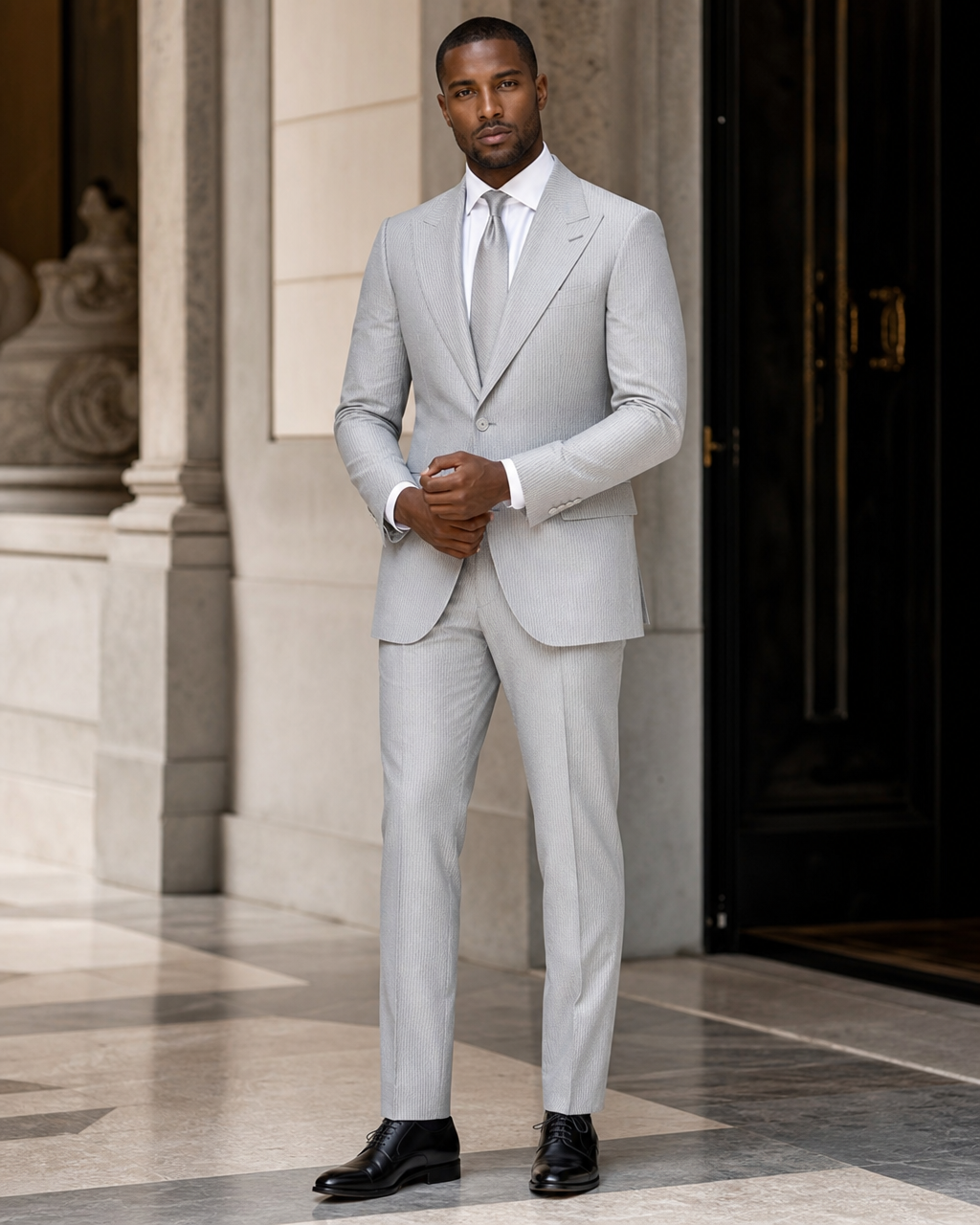Silver Seersucker Beach Wedding Suit - Custom Made to Measure front view