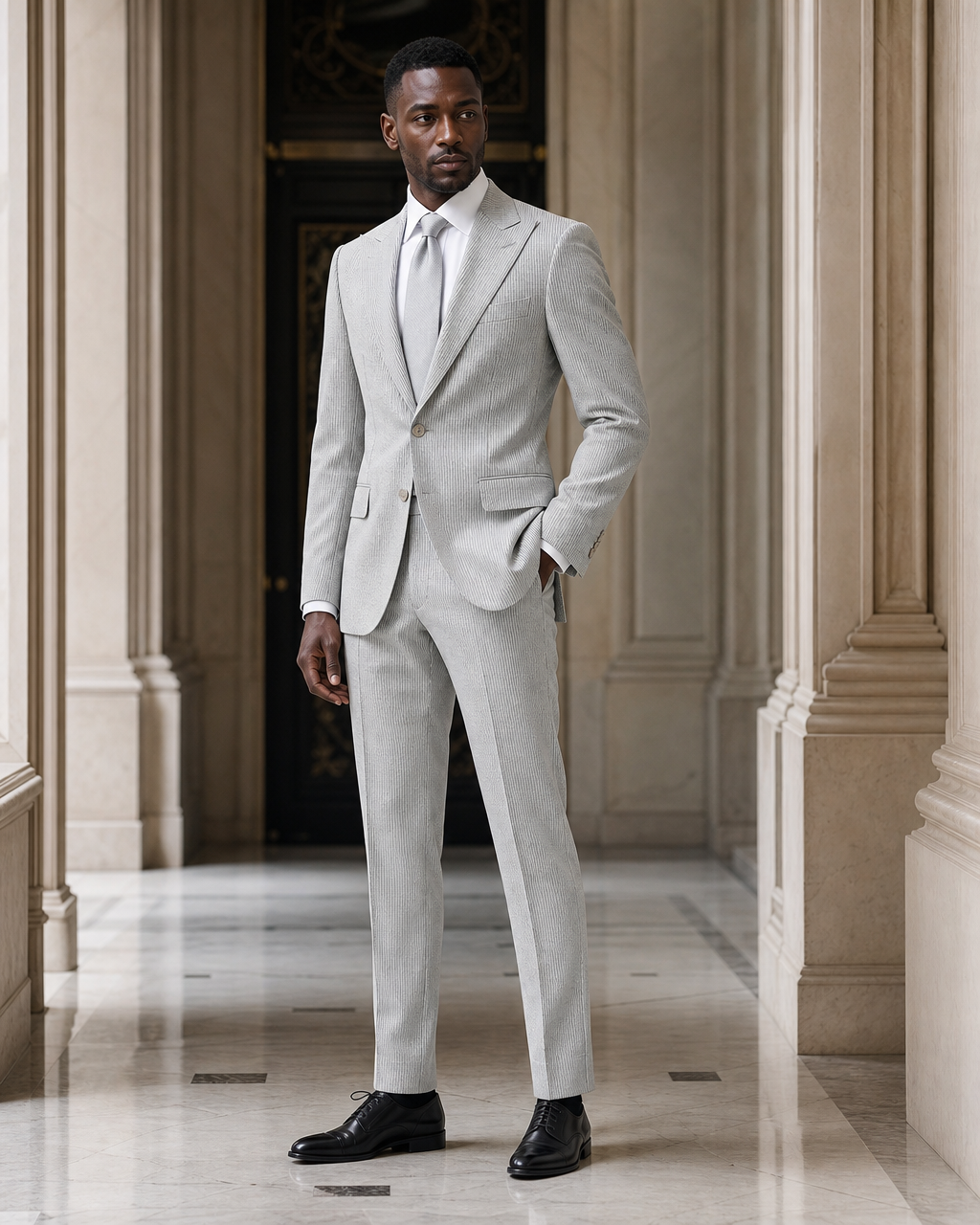 Silver Seersucker Beach Wedding Suit - Custom Made to Measure side back view