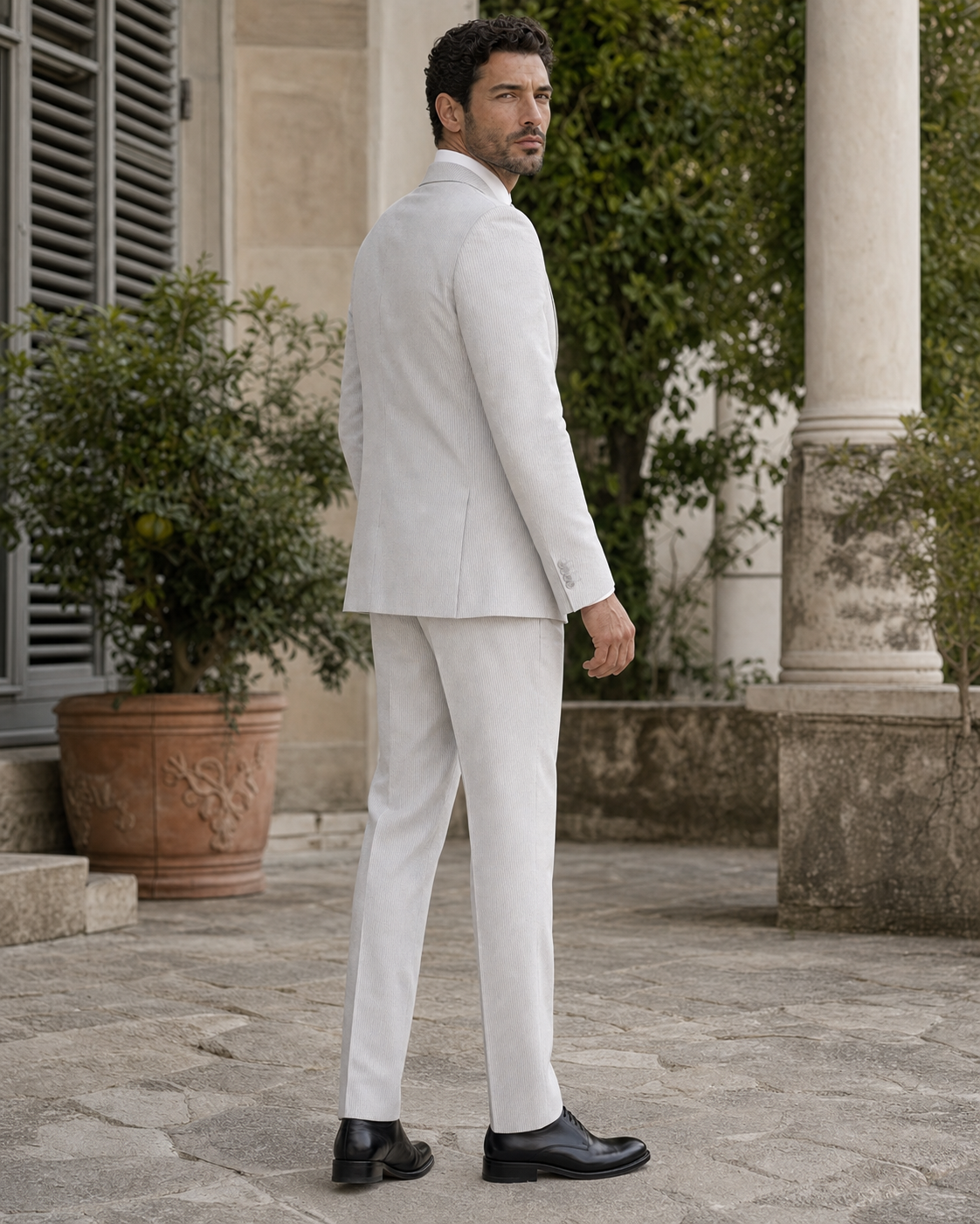 Silver Seersucker Outdoor Wedding Suit — Custom Made to Measure side back view