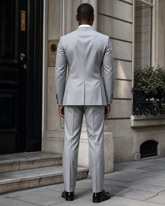 Silver Silk Blend Peak Lapel Suit - Custom Made to Measure back view