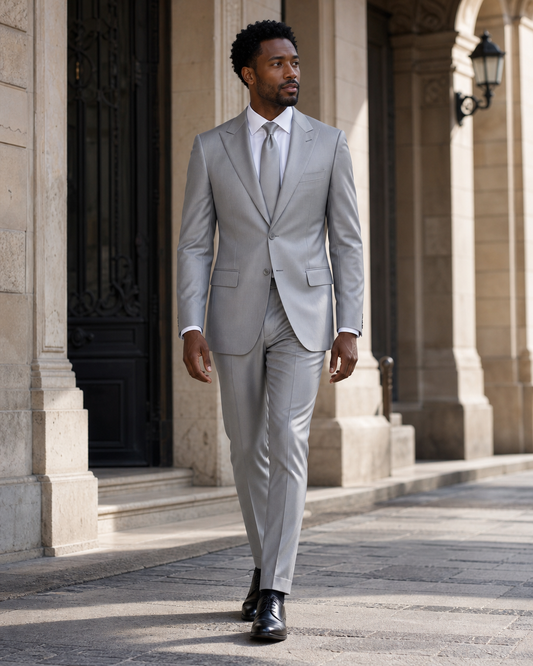 Silver Silk Blend Peak Lapel Suit - Custom Made to Measure front view
