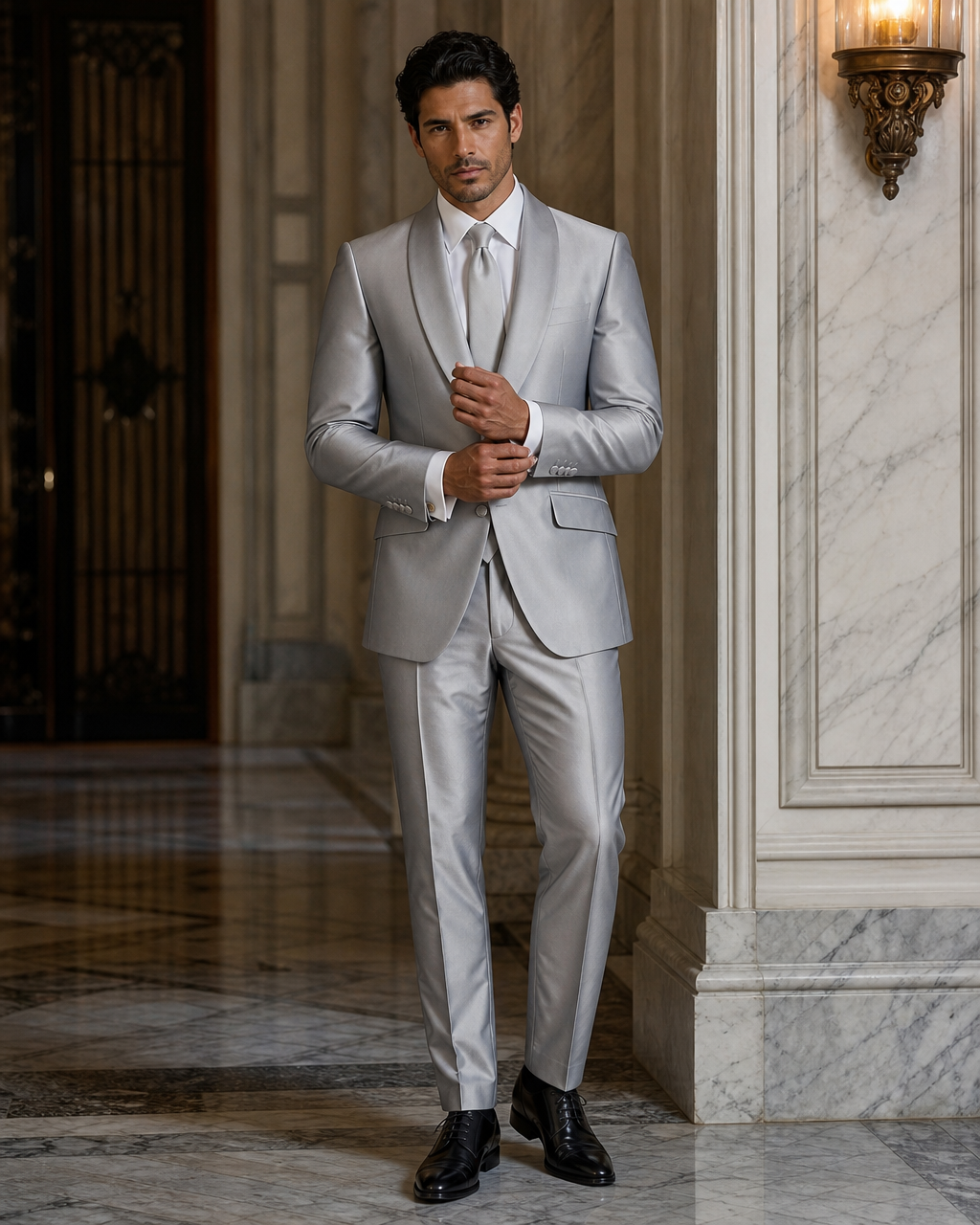 Silver Silk Blend Shawl Lapel Suit - Custom Made to Measure front view