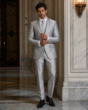 Silver Silk Blend Shawl Lapel Suit — Custom Made to Measure — 1