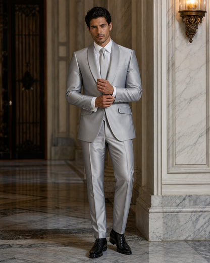 Silver Silk Blend Shawl Lapel Suit - Custom Made to Measure front view