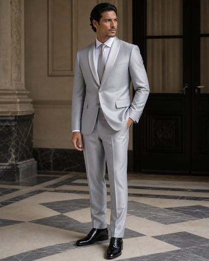 Silver Silk Blend Shawl Lapel Suit - Custom Made to Measure side back view