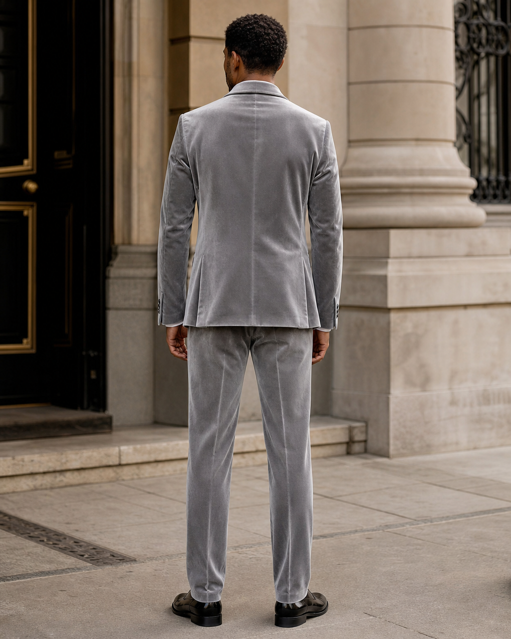 Silver Velvet Shawl Lapel Suit - Custom Made to Measure back view