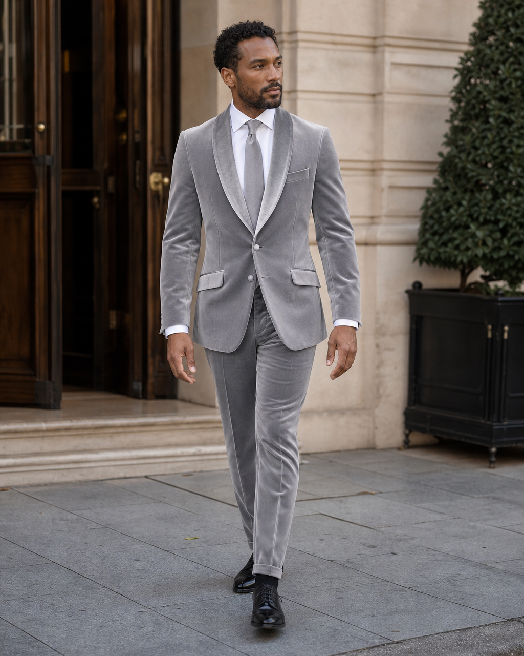 Silver Velvet Shawl Lapel Suit - Custom Made to Measure front view