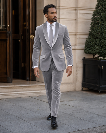 Silver Velvet Shawl Lapel Suit - Custom Made to Measure front view