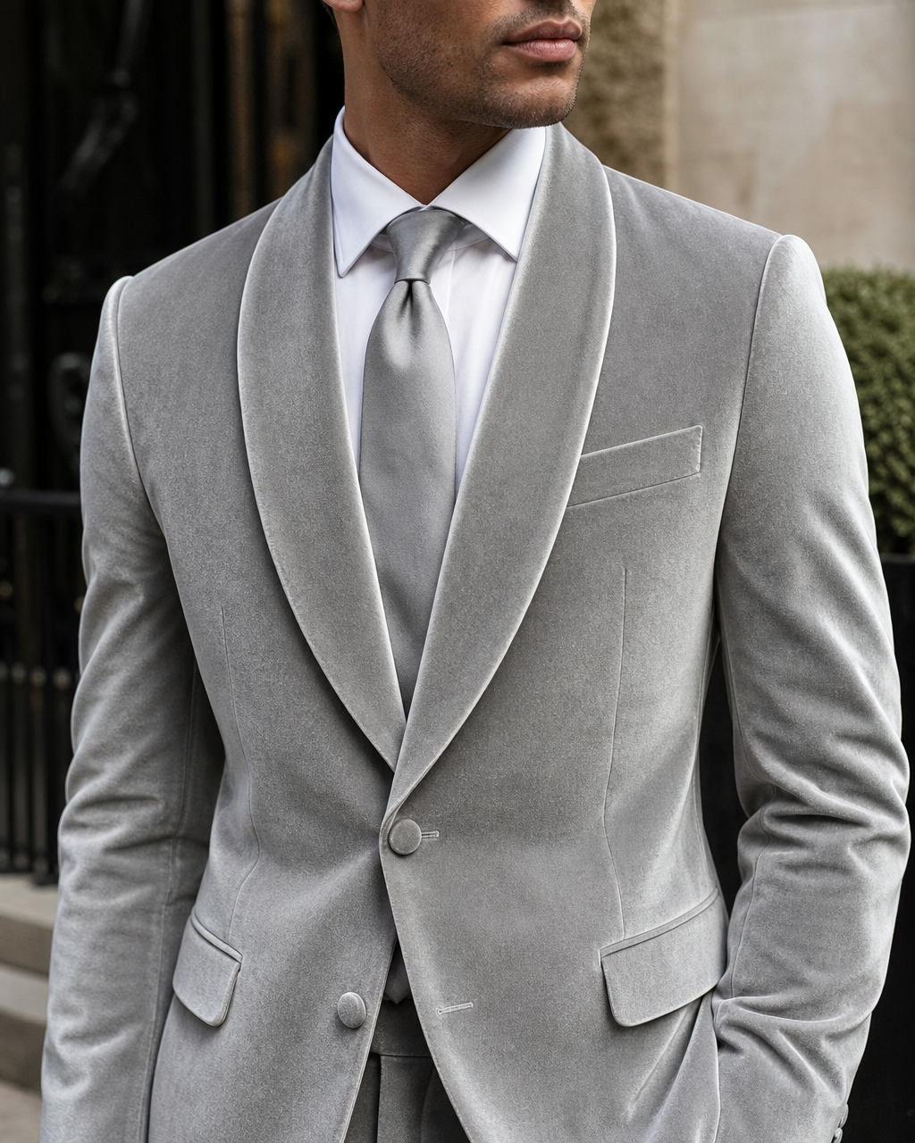 Silver Velvet Shawl Lapel Suit - Custom Made to Measure lapel chest close up
