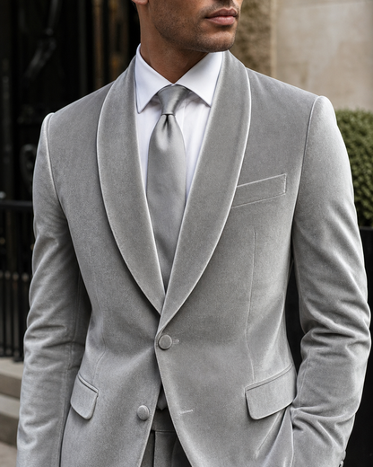 Silver Velvet Shawl Lapel Suit - Custom Made to Measure lapel chest close up