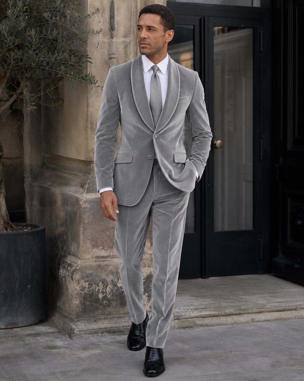 Silver Velvet Shawl Lapel Suit - Custom Made to Measure side three quarter view