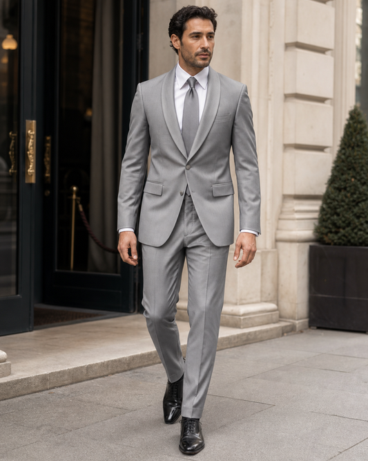 Silver Wool Shawl Lapel Suit - Custom Made to Measure front view