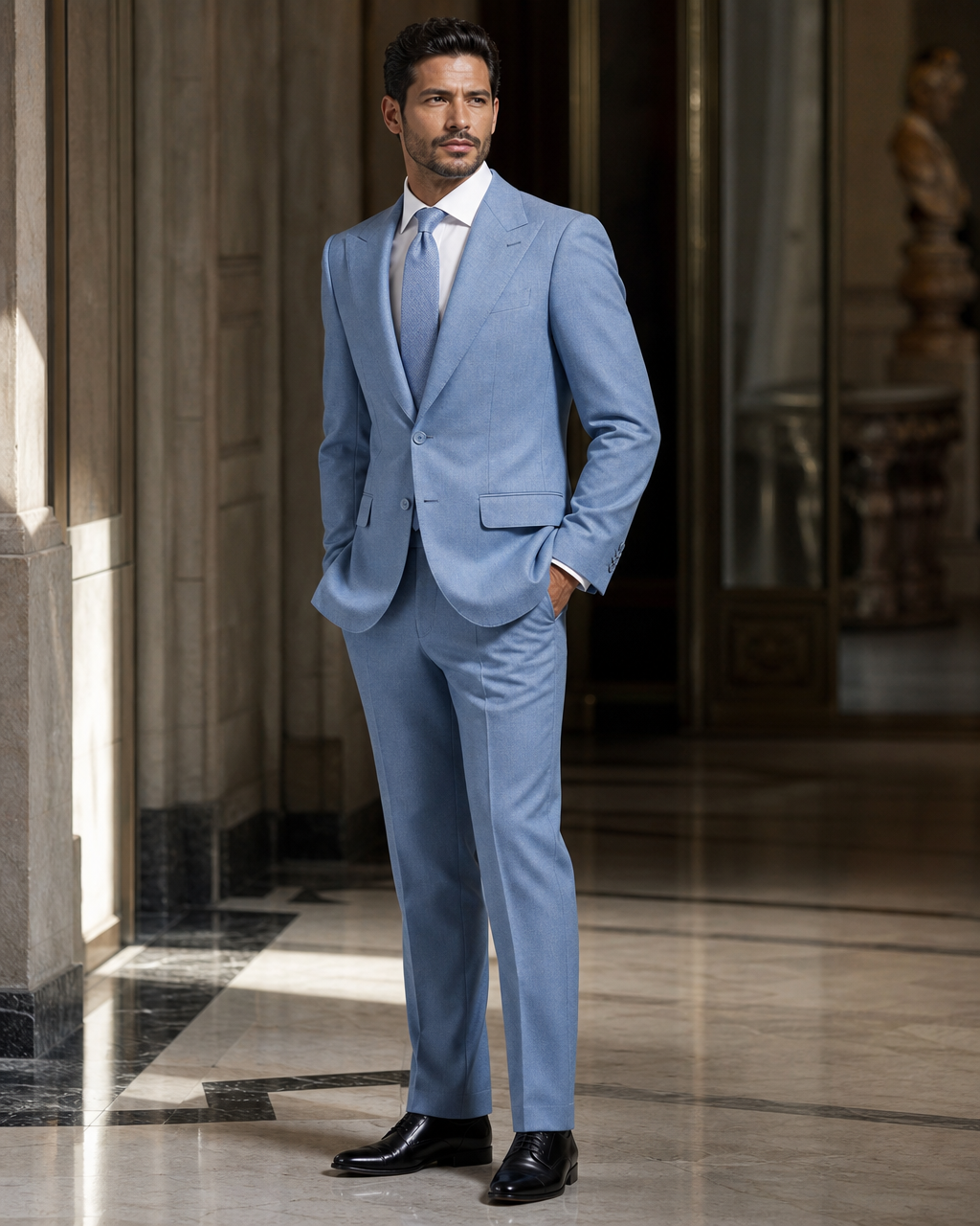 Sky Blue Cashmere Blend Winter Suit - Custom Made to Measure side back view