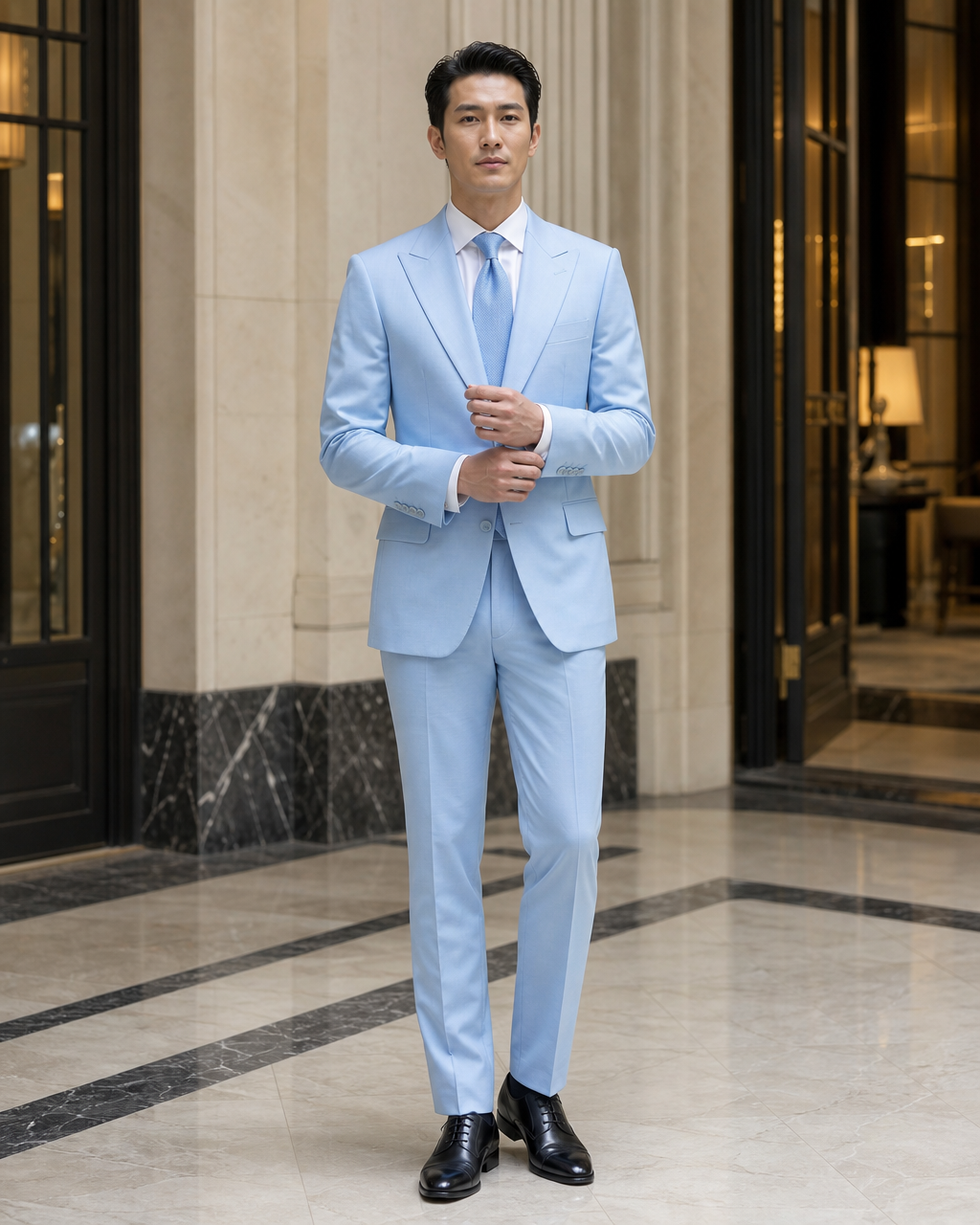 Sky Blue Cotton Beach Wedding Suit - Custom Made to Measure front view