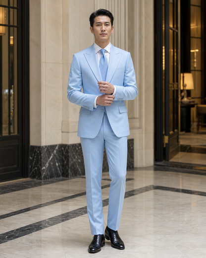 Sky Blue Cotton Beach Wedding Suit - Custom Made to Measure front view