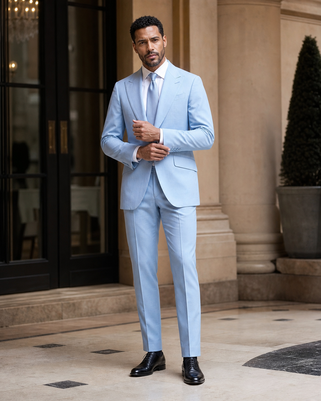 Sky Blue Cotton Outdoor Wedding Suit - Custom Made to Measure front view