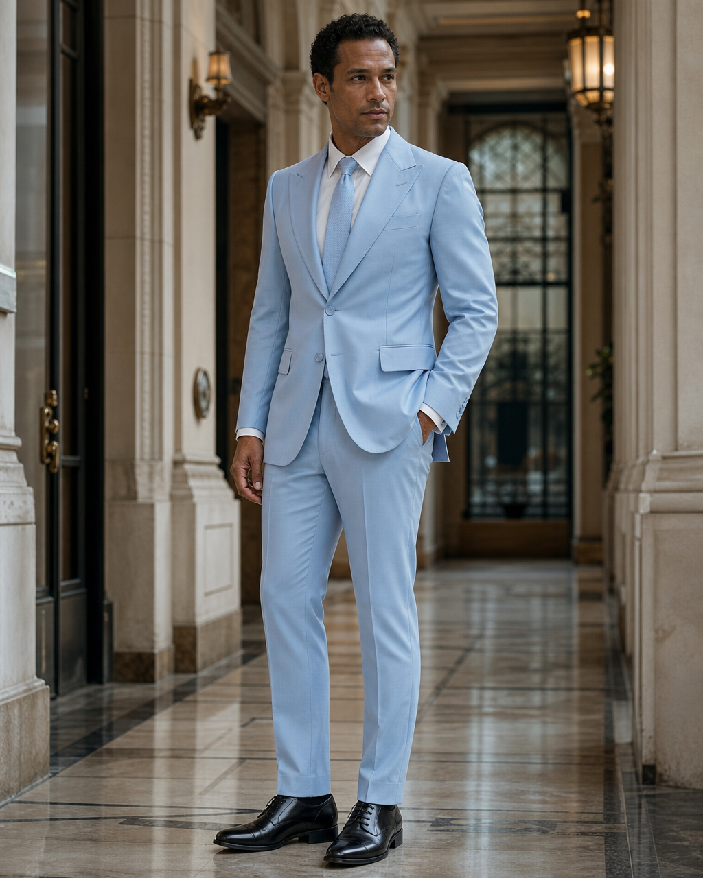 Sky Blue Cotton Outdoor Wedding Suit - Custom Made to Measure side back view