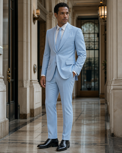 Sky Blue Cotton Outdoor Wedding Suit - Custom Made to Measure side back view