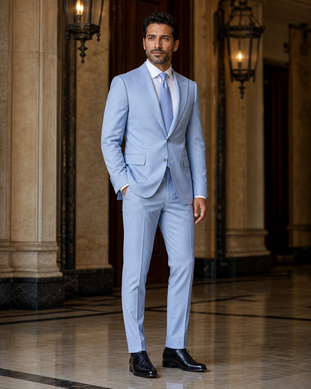 Sky Blue Cotton Summer Suit - Custom Made to Measure side back view