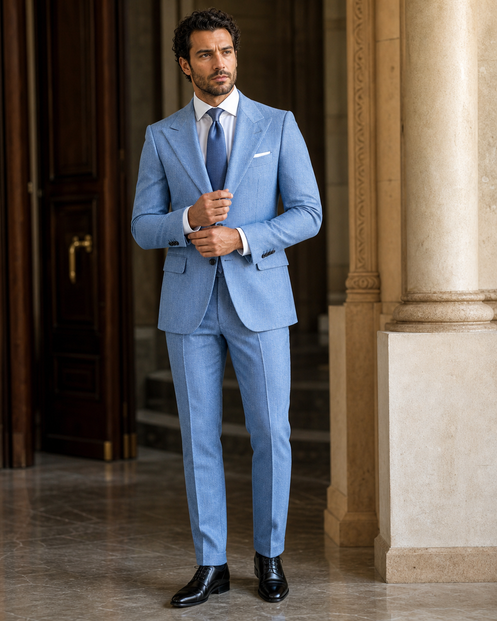 Sky Blue Herringbone Winter Suit - Custom Made to Measure front view