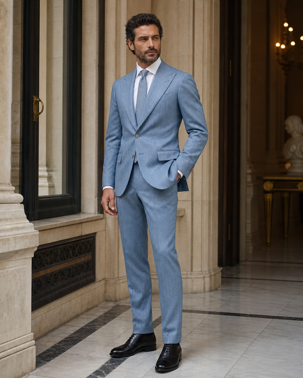 Sky Blue Herringbone Winter Suit - Custom Made to Measure side back view