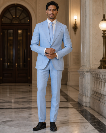 Sky Blue Linen Beach Wedding Suit - Custom Made to Measure front view
