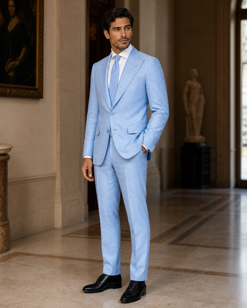 Sky Blue Linen Beach Wedding Suit - Custom Made to Measure side back view
