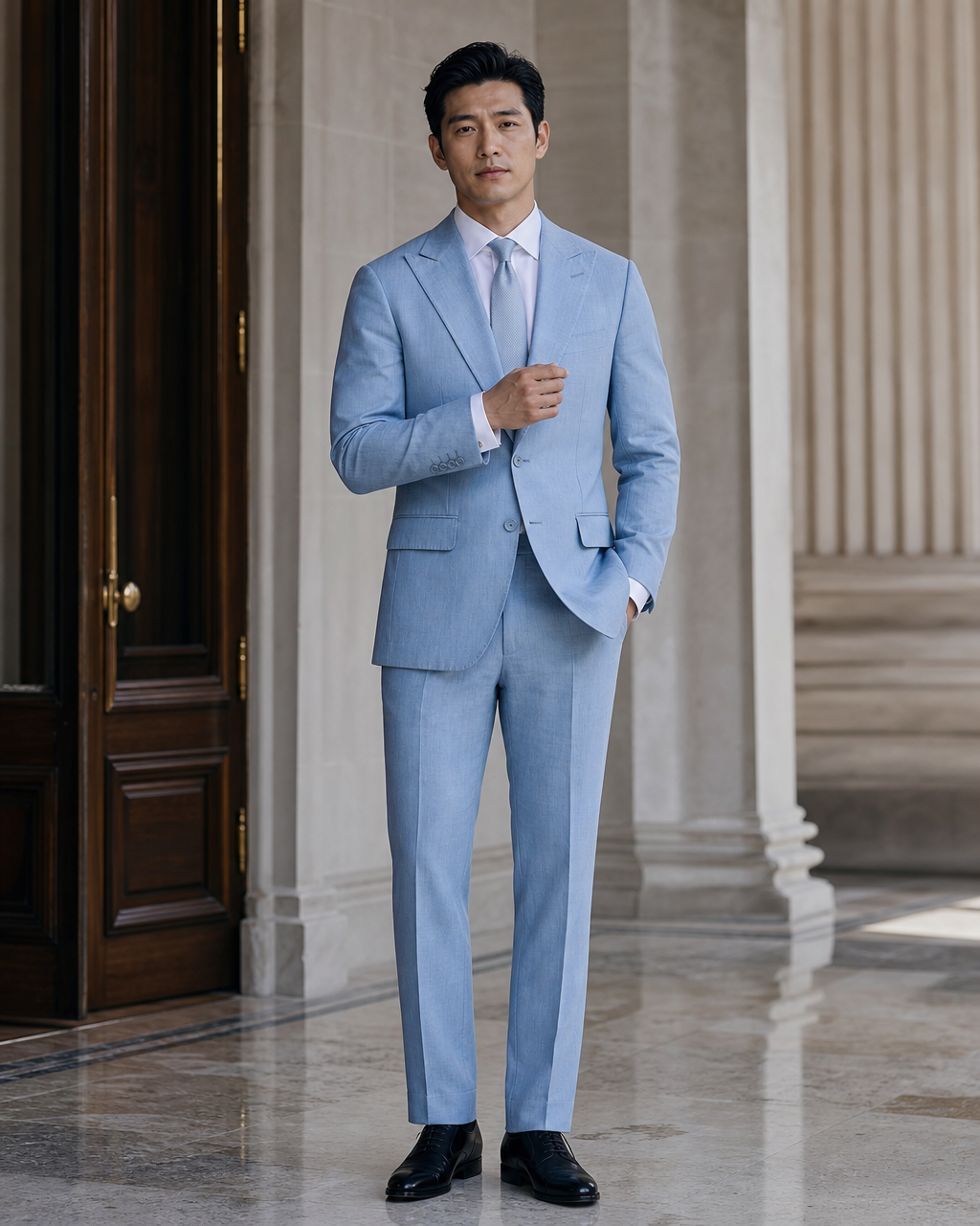Sky Blue Linen Outdoor Wedding Suit - Custom Made to Measure front view