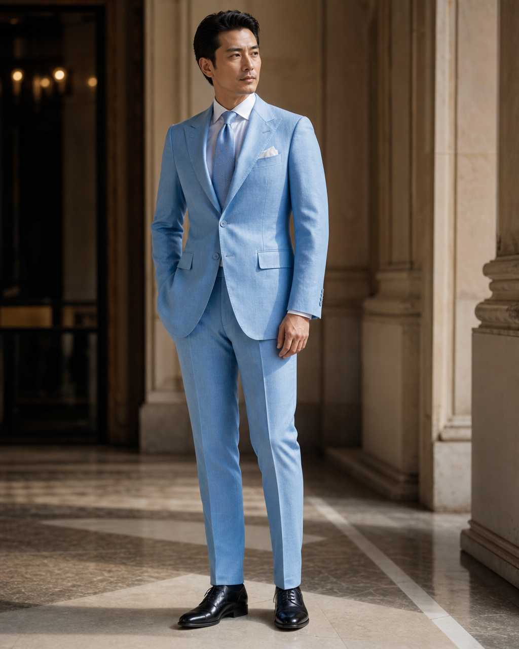 Sky Blue Linen Outdoor Wedding Suit - Custom Made to Measure side back view