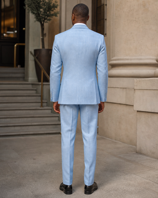 Sky Blue Linen Peak Lapel Suit - Custom Made to Measure back view