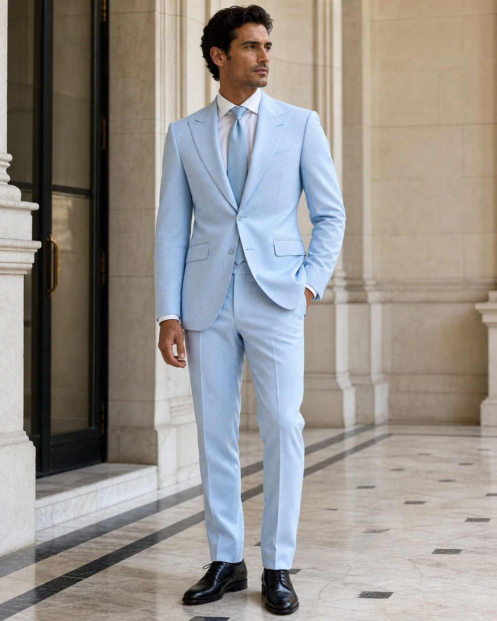 Sky Blue Seersucker Beach Wedding Suit - Custom Made to Measure side back view