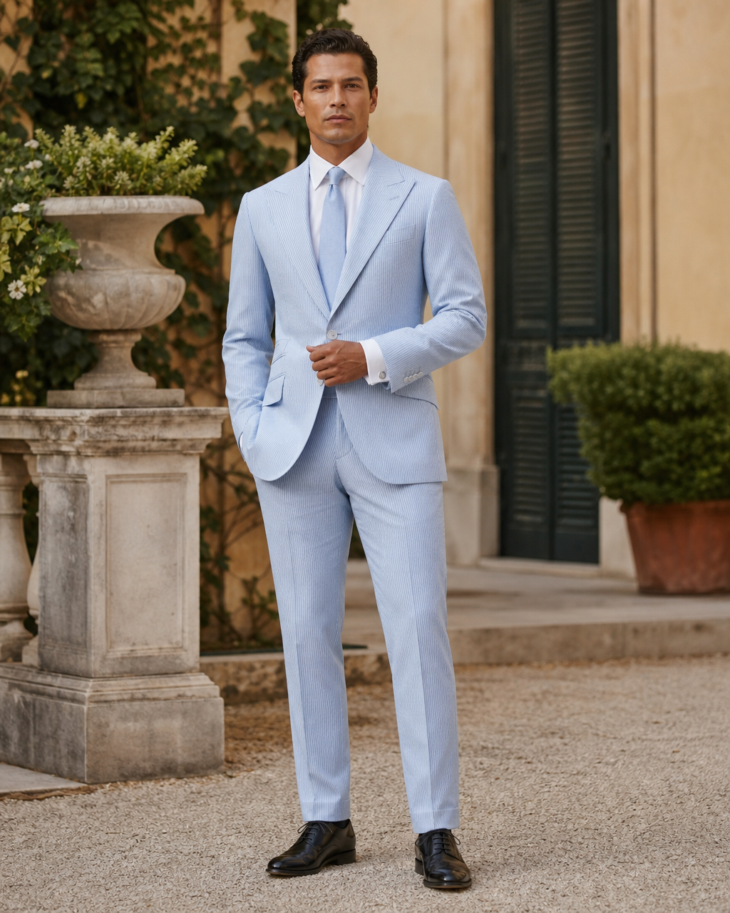 Sky Blue Seersucker Outdoor Wedding Suit — Custom Made to Measure front view