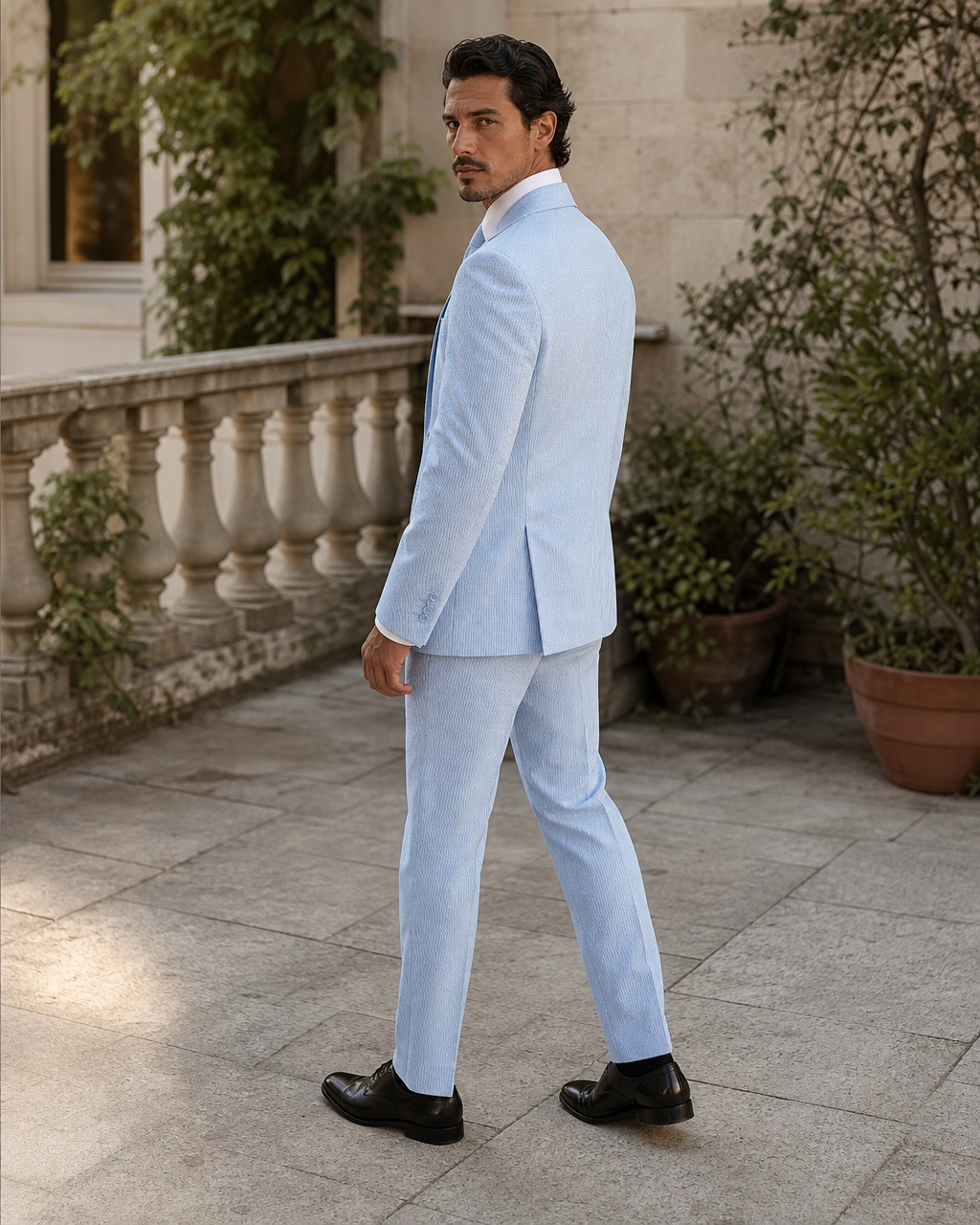Sky Blue Seersucker Outdoor Wedding Suit — Custom Made to Measure side back view