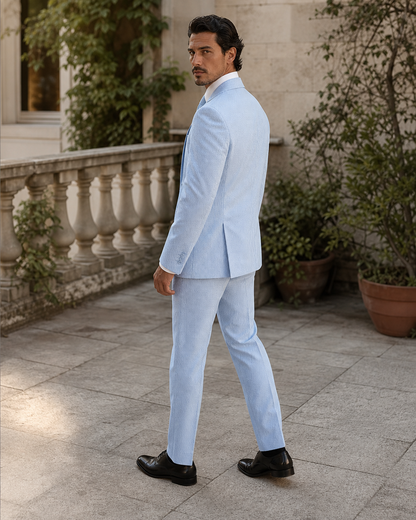 Sky Blue Seersucker Outdoor Wedding Suit — Custom Made to Measure side back view
