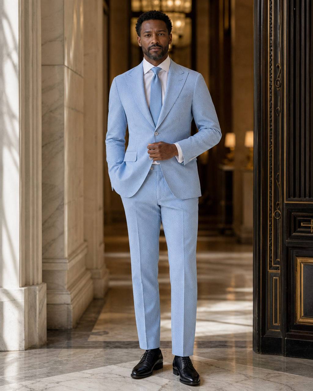 Sky Blue Seersucker Summer Suit - Custom Made to Measure front view
