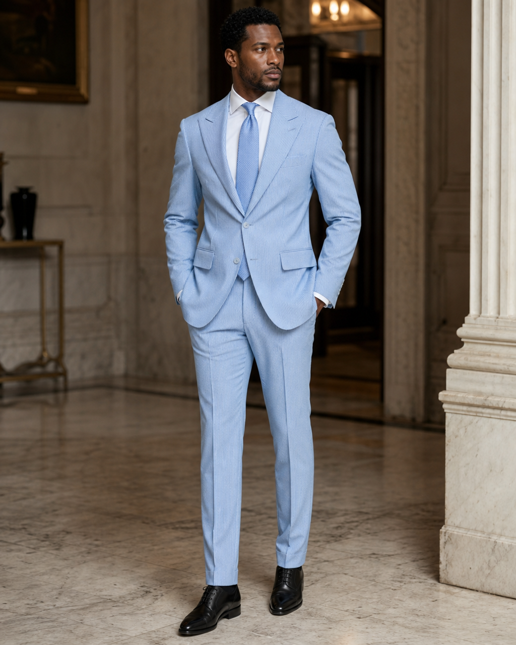 Sky Blue Seersucker Summer Suit - Custom Made to Measure side back view