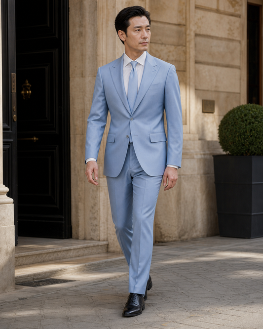 Sky Blue Silk Blend Peak Lapel Suit - Custom Made to Measure front view