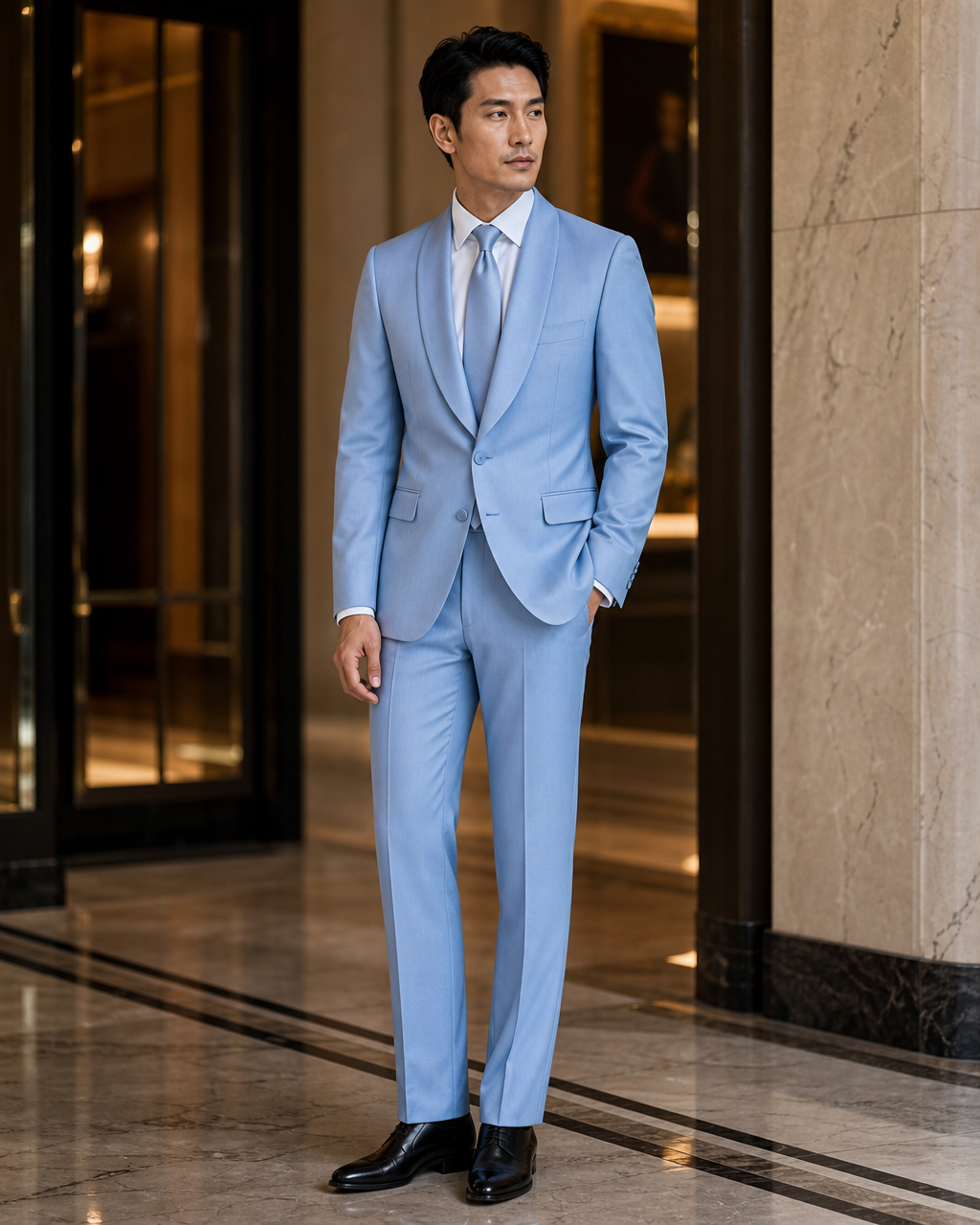 Sky Blue Silk Blend Shawl Lapel Suit - Custom Made to Measure side back view