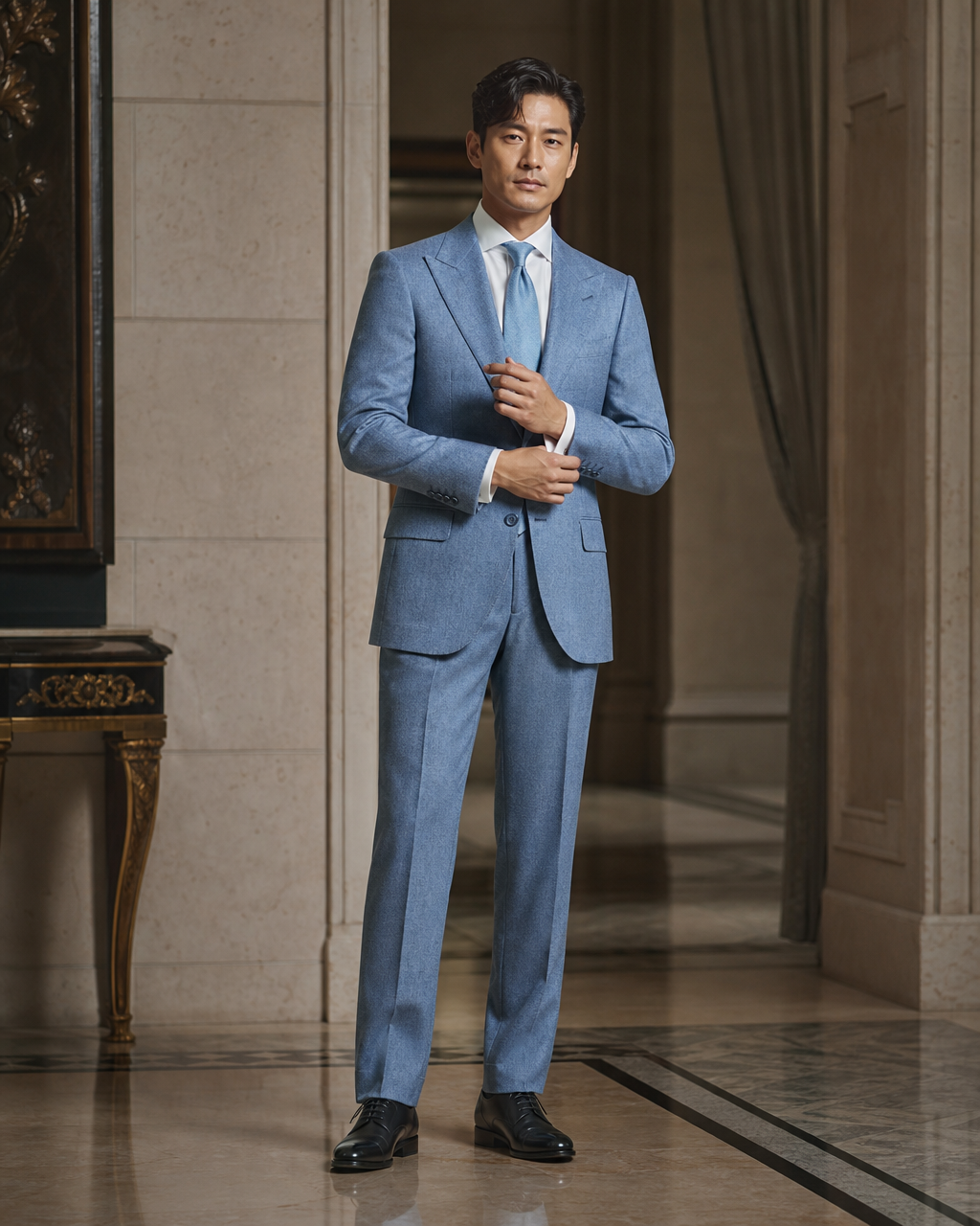 Sky Blue Tweed Winter Suit - Custom Made to Measure front view
