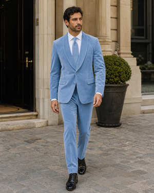 Sky Blue Velvet Shawl Lapel Suit — Custom Made to Measure — 1