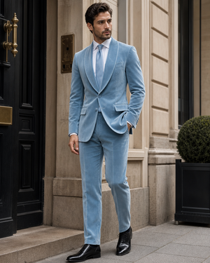 Sky Blue Velvet Shawl Lapel Suit — Custom Made to Measure — 3
