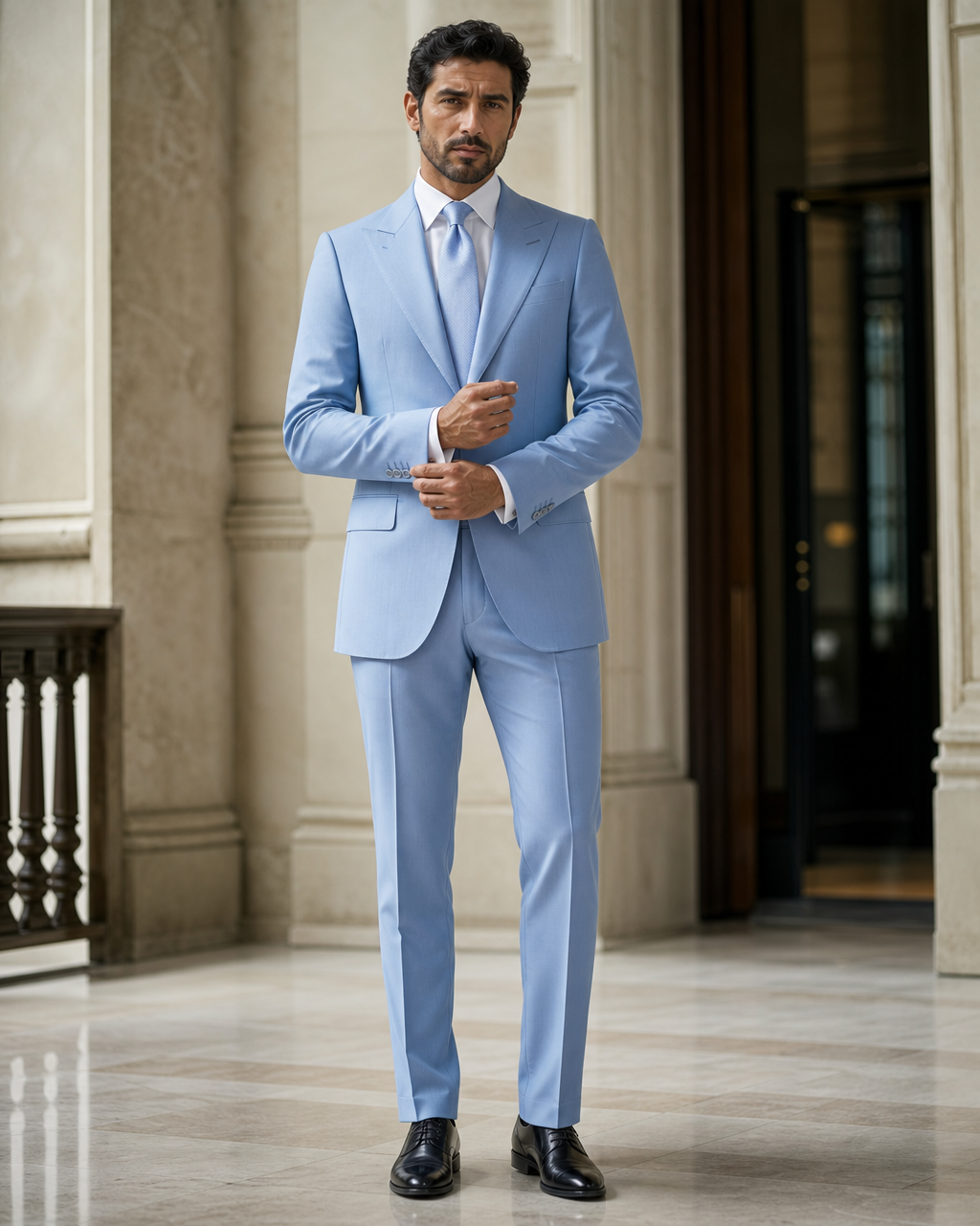 Sky Blue Wool Outdoor Wedding Suit - Custom Made to Measure front view