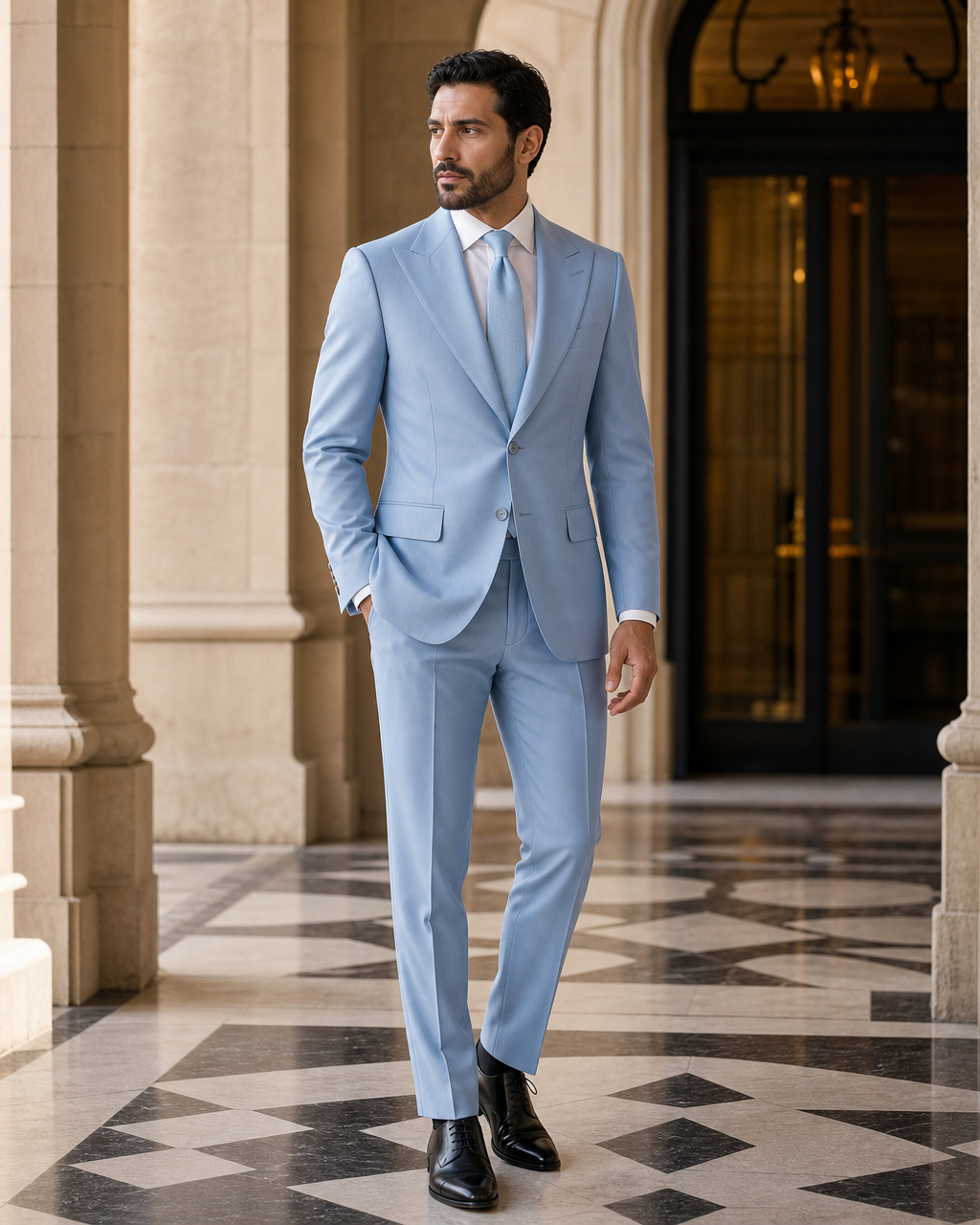 Sky Blue Wool Outdoor Wedding Suit - Custom Made to Measure side back view