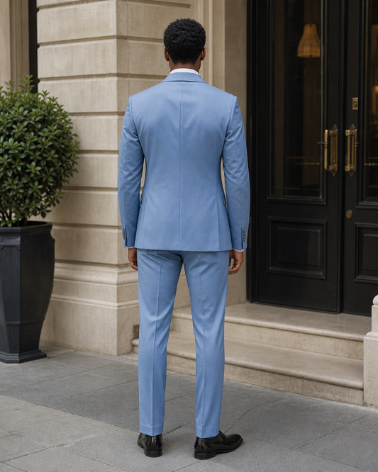 Sky Blue Wool Shawl Lapel Suit - Custom Made to Measure back view