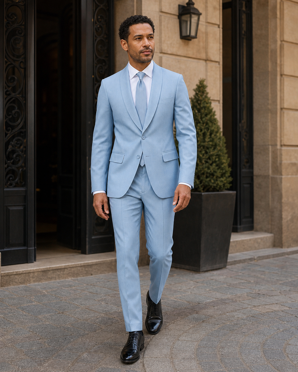 Sky Blue Wool Shawl Lapel Suit — Custom Made to Measure