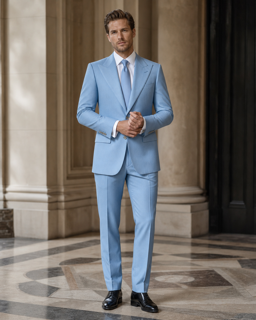 Sky Blue Wool Winter Suit - Custom Made to Measure front view