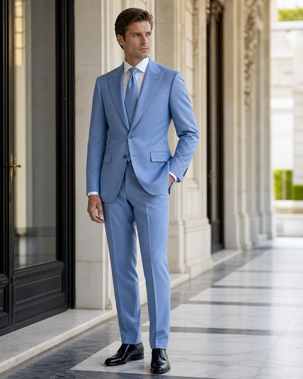 Sky Blue Wool Winter Suit - Custom Made to Measure side back view