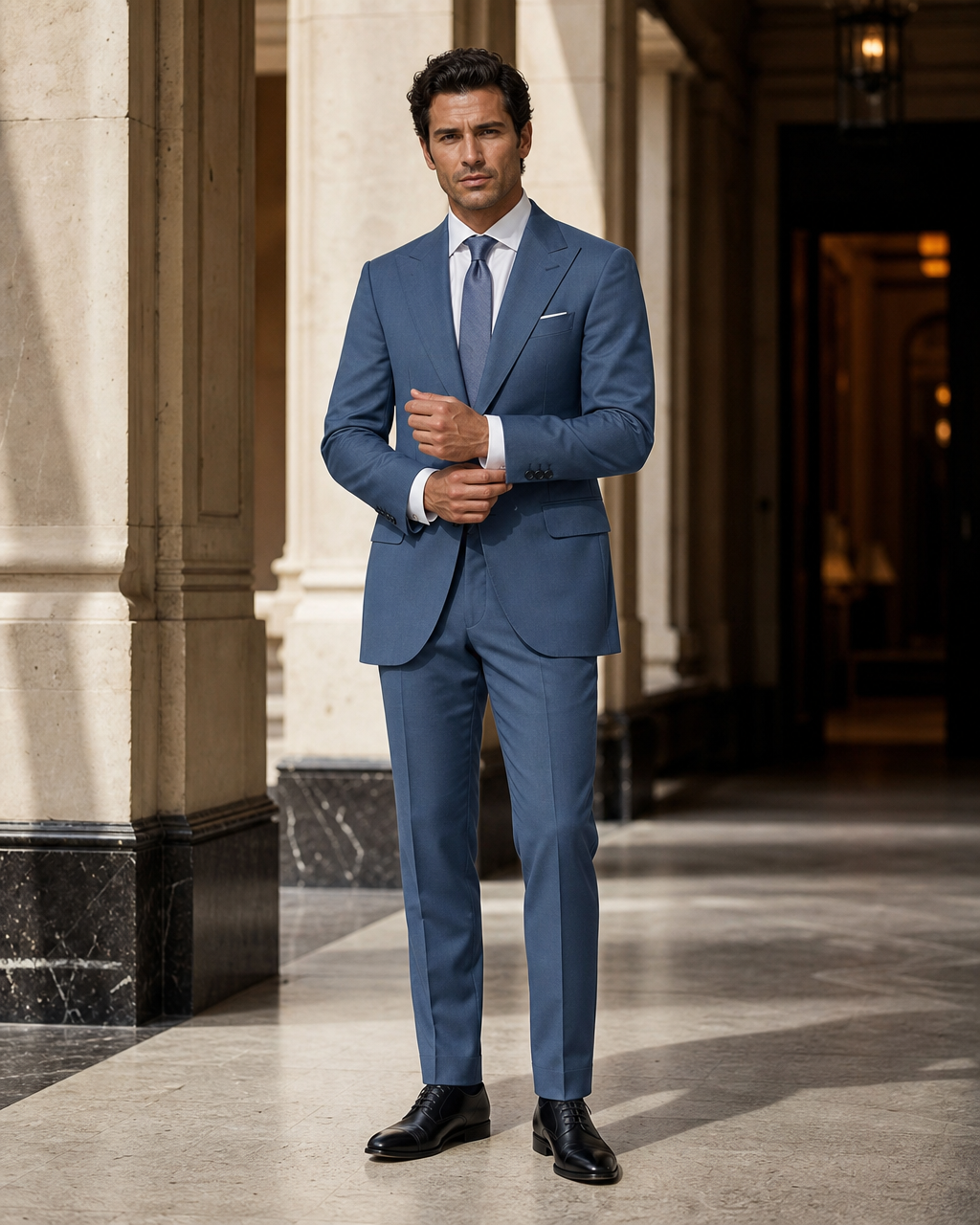 Slate Blue Cotton Beach Wedding Suit - Custom Made to Measure front view