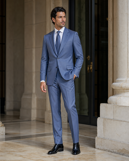 Slate Blue Cotton Beach Wedding Suit - Custom Made to Measure side back view