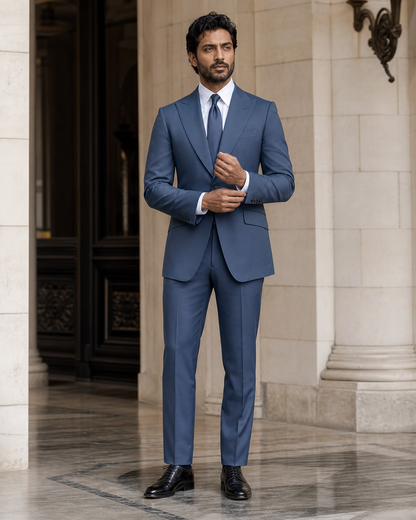 Slate Blue Cotton Outdoor Wedding Suit - Custom Made to Measure front view